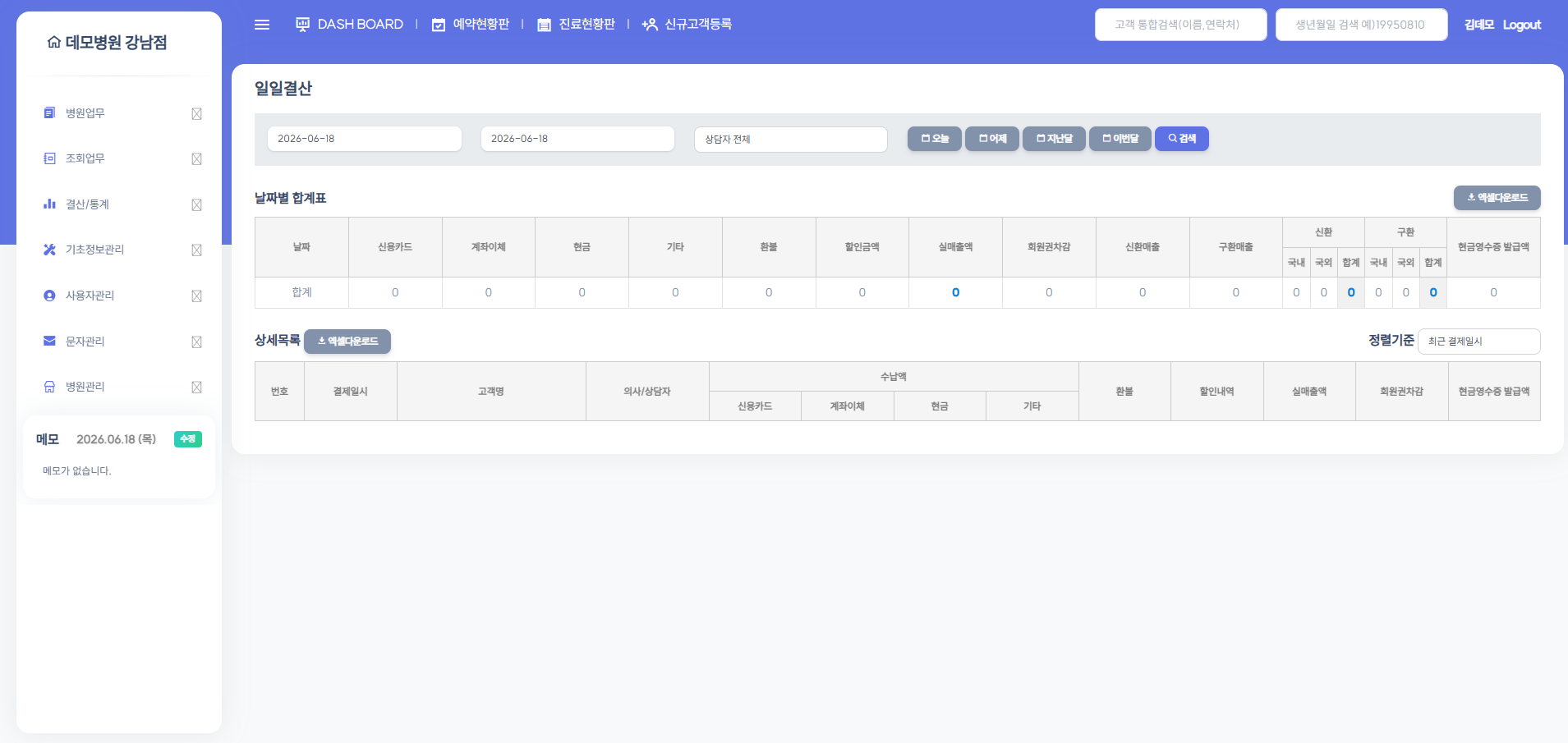 YEYAKSSOK CRM statistics/settlement screen